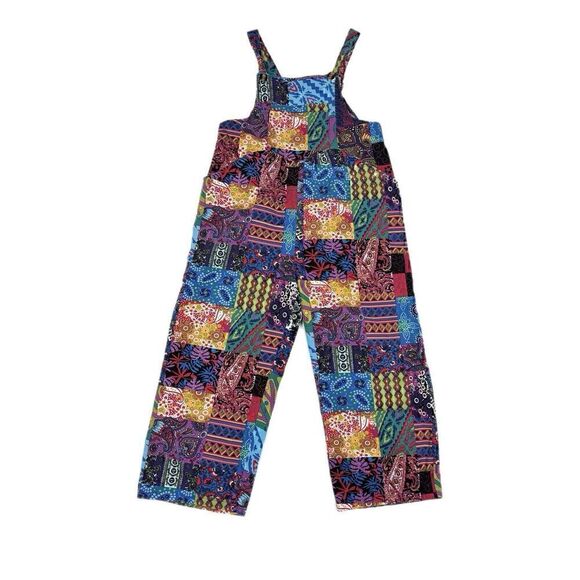 Camsa Bright Boho Oversized Patchwork Color Block Hippy Cropped Overalls, Sz. M - Picture 1 of 12
